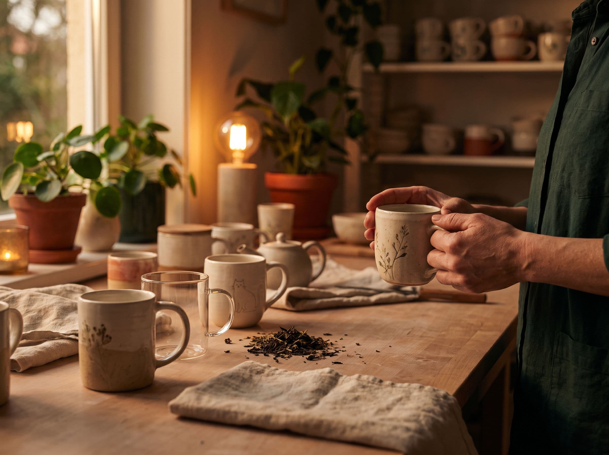 Une tasse à thé fleurie tenue entre les mains, sur une table en bois